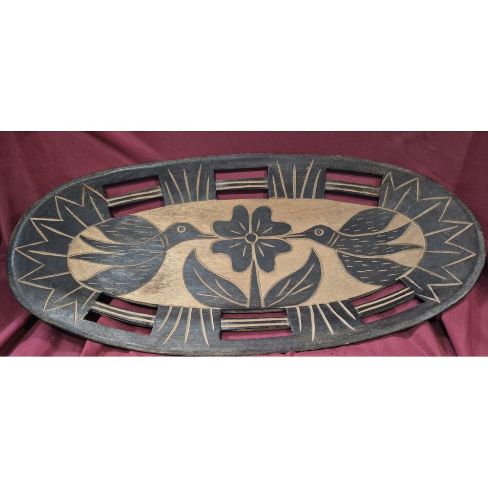 Vtg Hand Carved Wood Bird Floral Wall Plaque Oval Decorative Tray Folk Art Decor